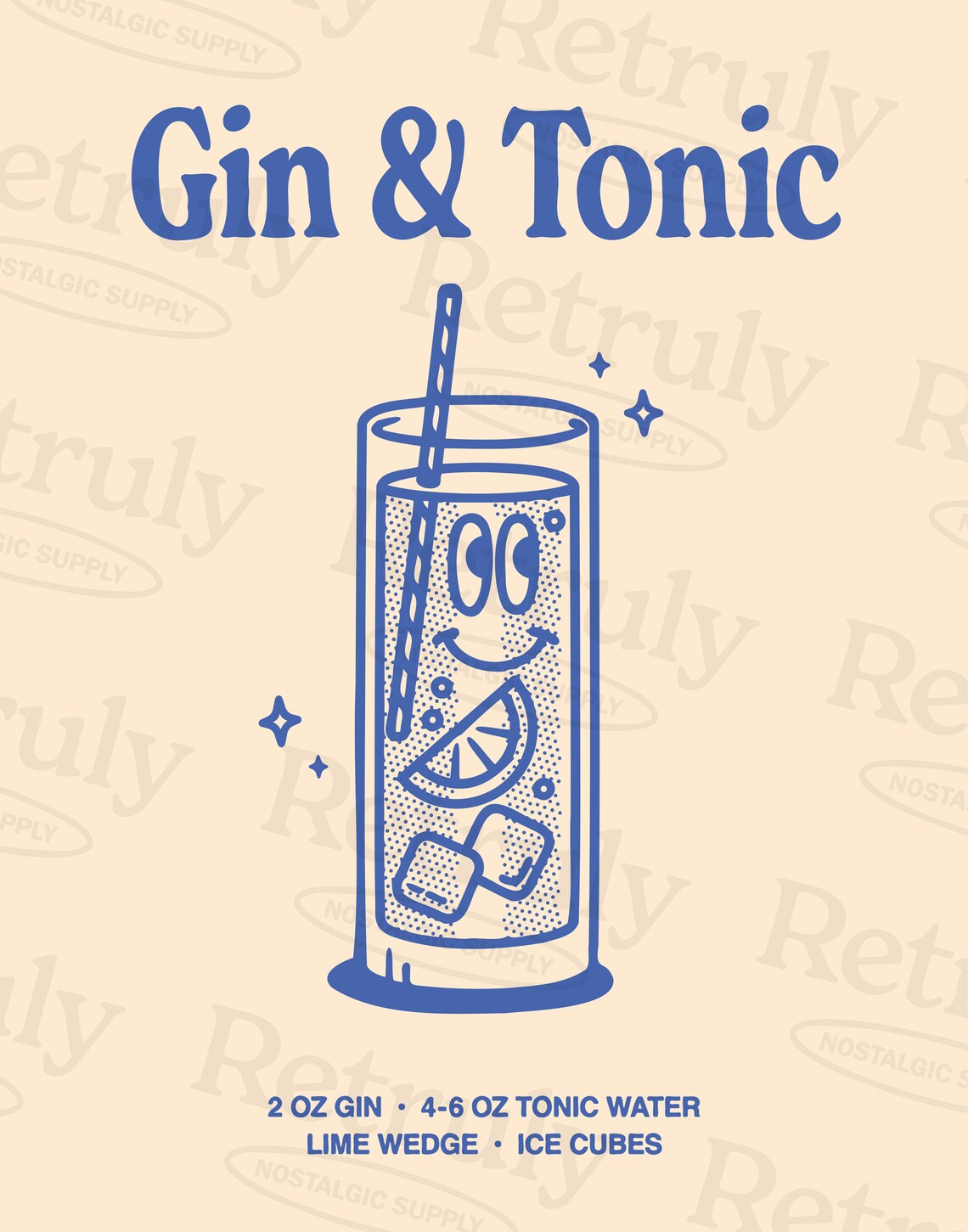Gin and Tonic Cocktail Recipe Blue Retro Line Art Bar Cart Poster - Image 2