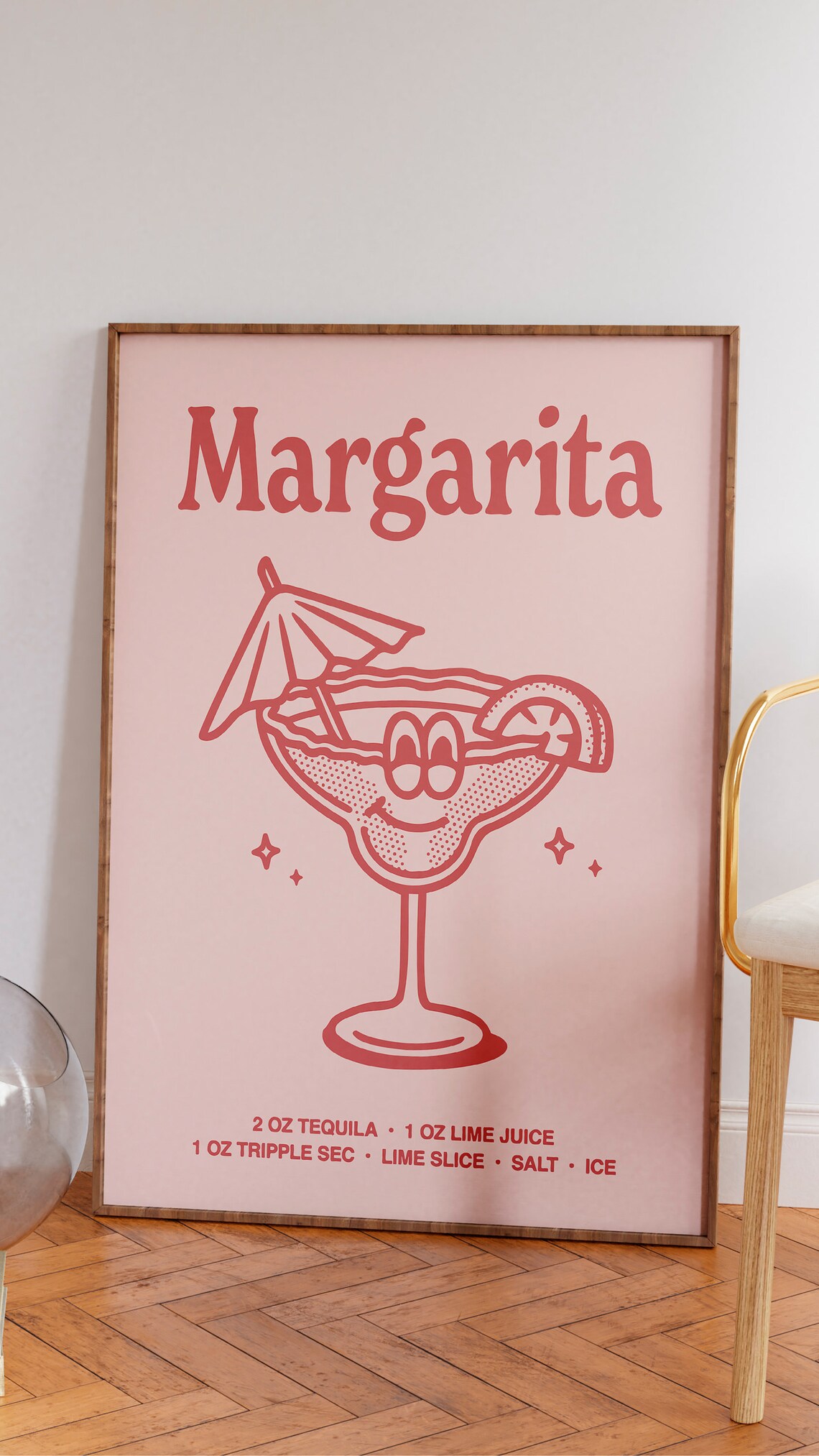 Margarita Cocktail Recipe Cute Pink Retro Bar Cart Kitchen Poster - Image 2