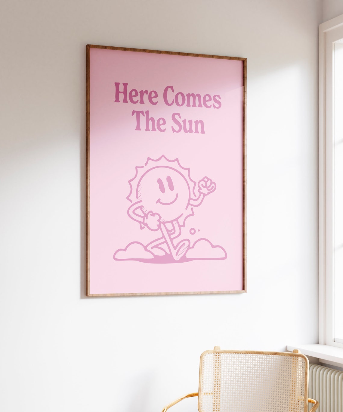Here Comes The Sun Pink Retro Smiling Sun Mascot Quote Poster - Image 7