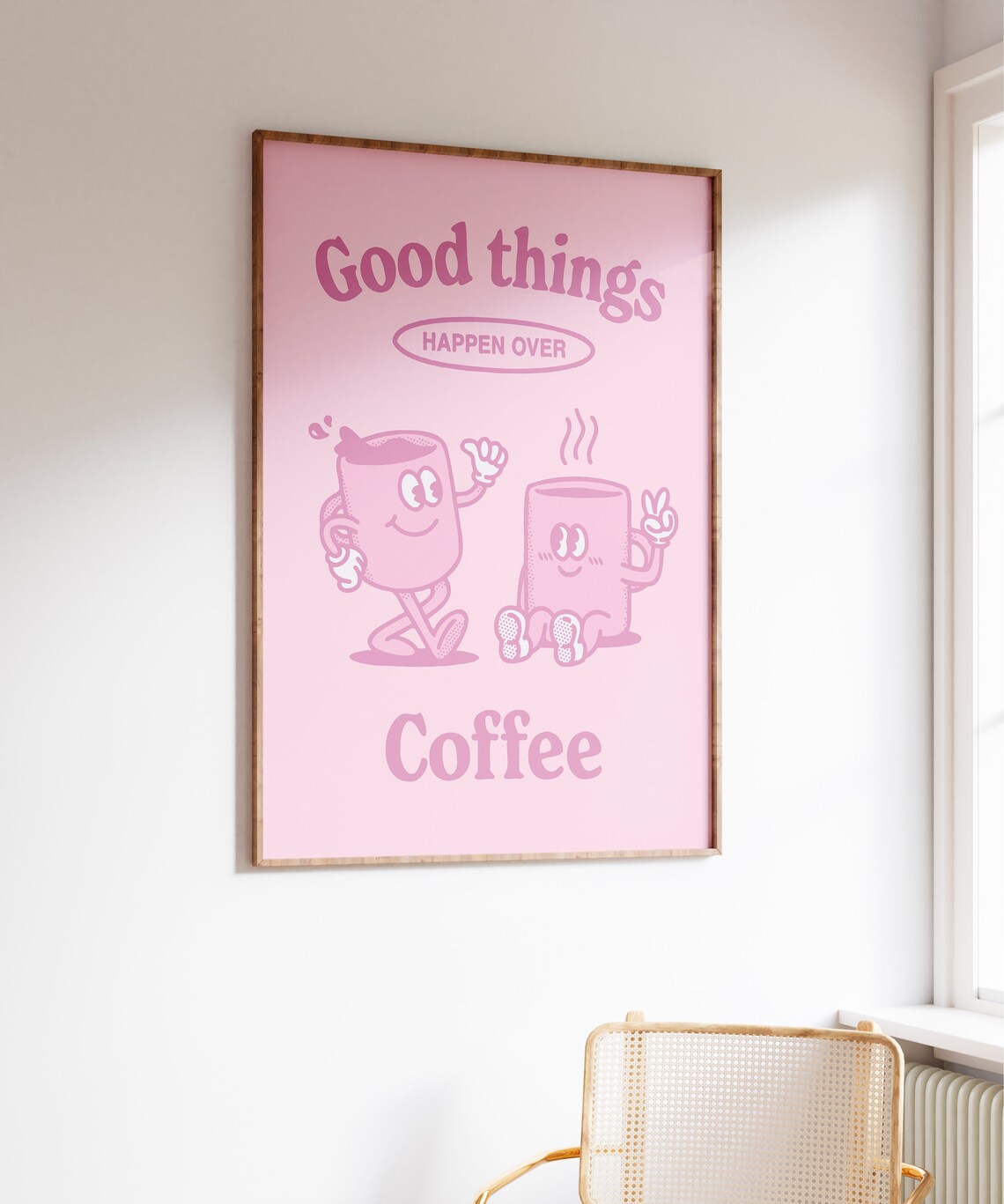 Good Things Happen Over Coffee Cute Pink Cartoon Coffee Mug Poster - Image 4