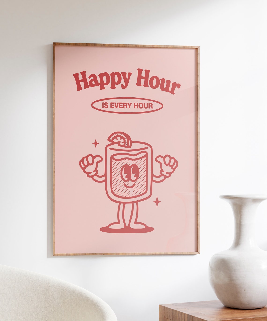 Happy Hour Is Every Hour Cocktail Glass Mascot Pink Retro Poster - Image 7