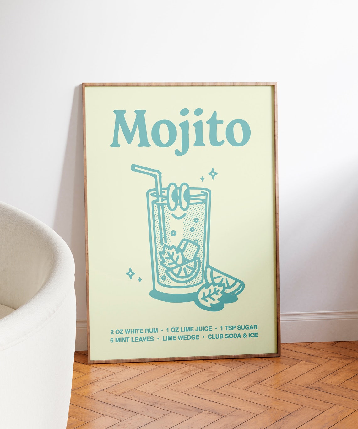 Mojito Cocktail Recipe Smiling Glass Retro Green Bar Cart Poster - Image 3