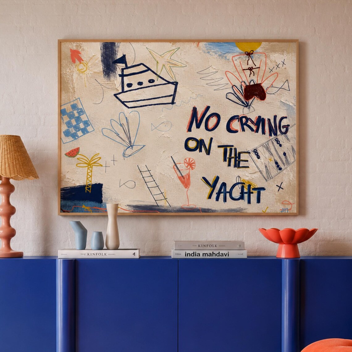 No Crying on the Yacht Quote Poster Playful Collage Summer Fun Wall Decor