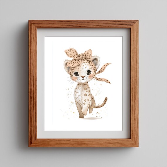 Cute Baby Cheetah Bow Watercolor Safari Nursery Animal Wall Art