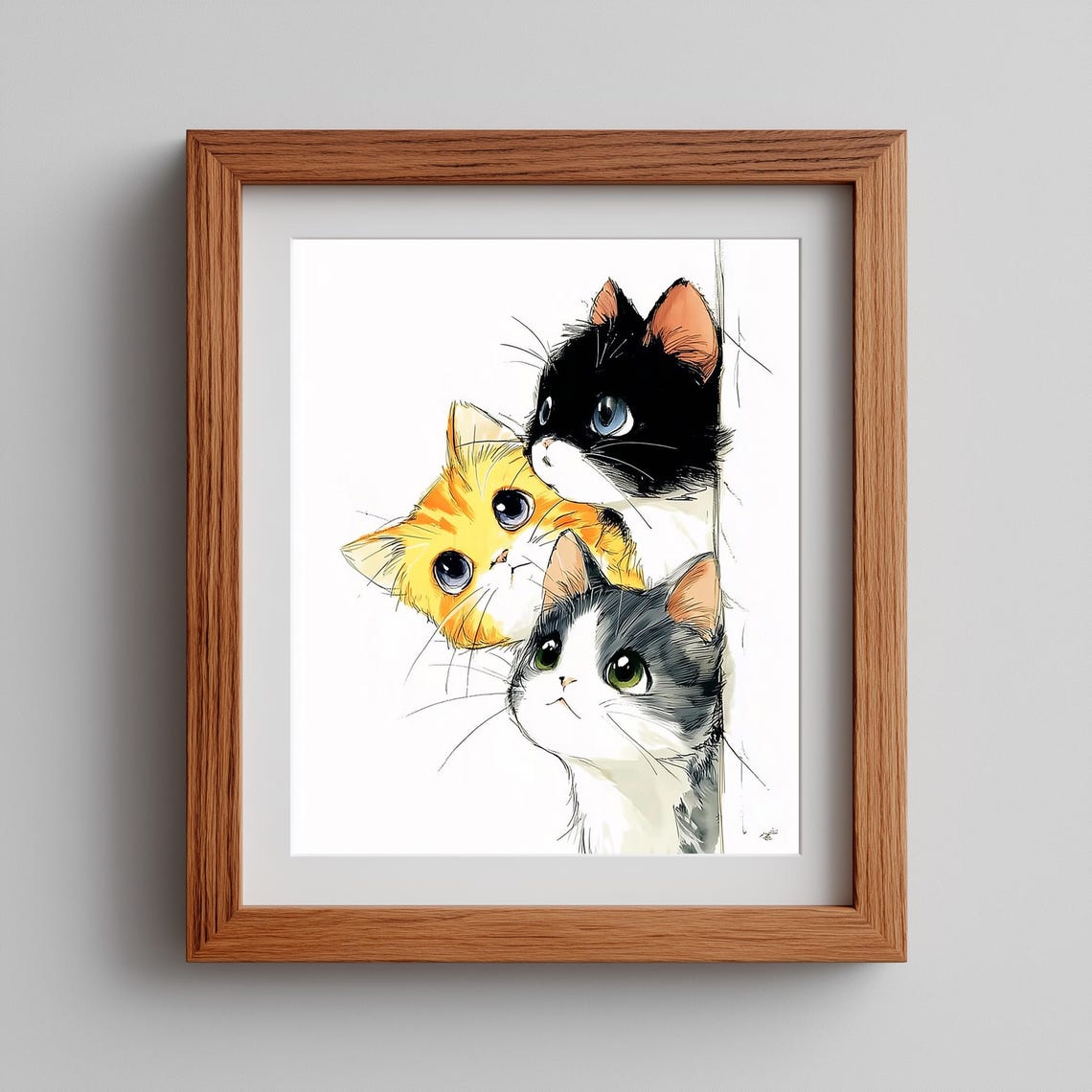 Three Cute Kittens Peeking Watercolor Whimsical Cat Lover Art Poster