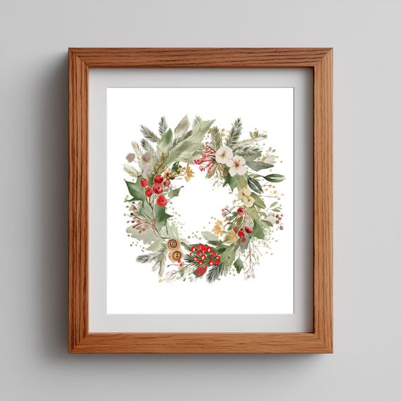 Rustic Winter Wreath Art Print, Vintage Botanical