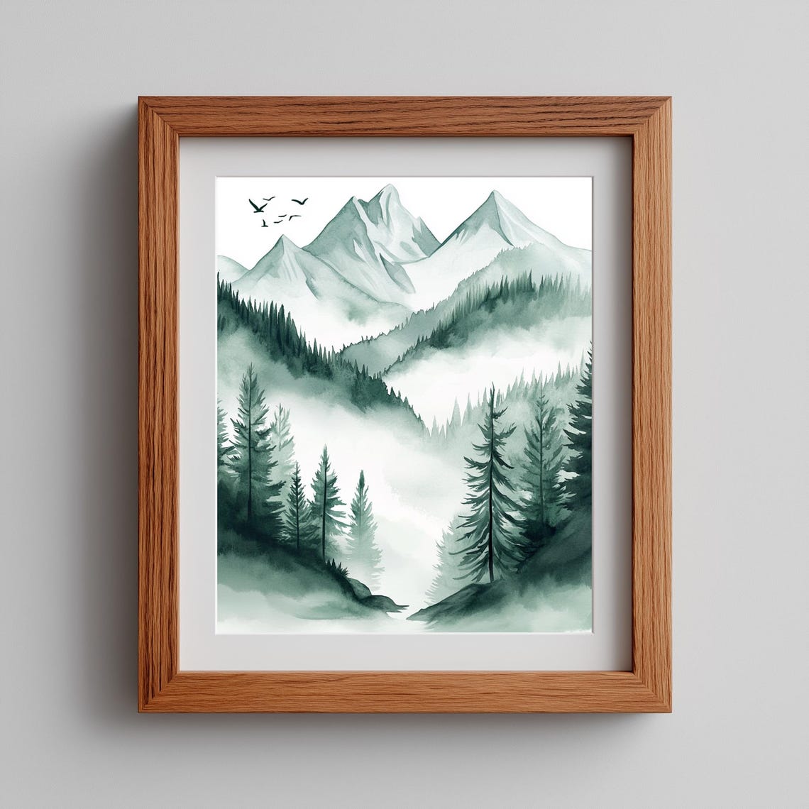 Snowy Mountain Misty Pine Forest Green Watercolor Landscape Poster