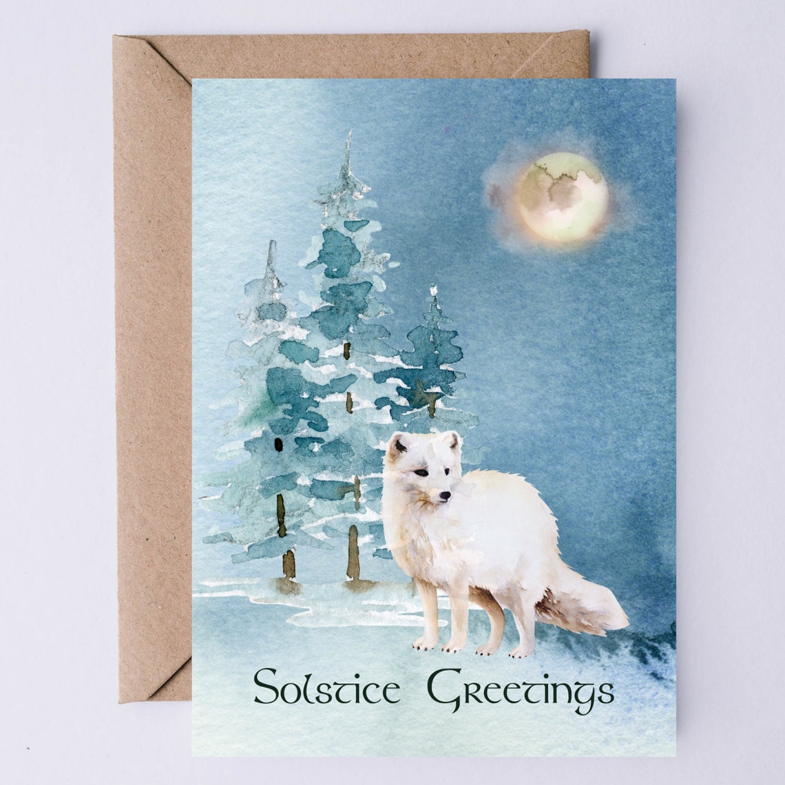 Solstice Greetings Arctic Fox Snowy Moonlight Pine Forest Card