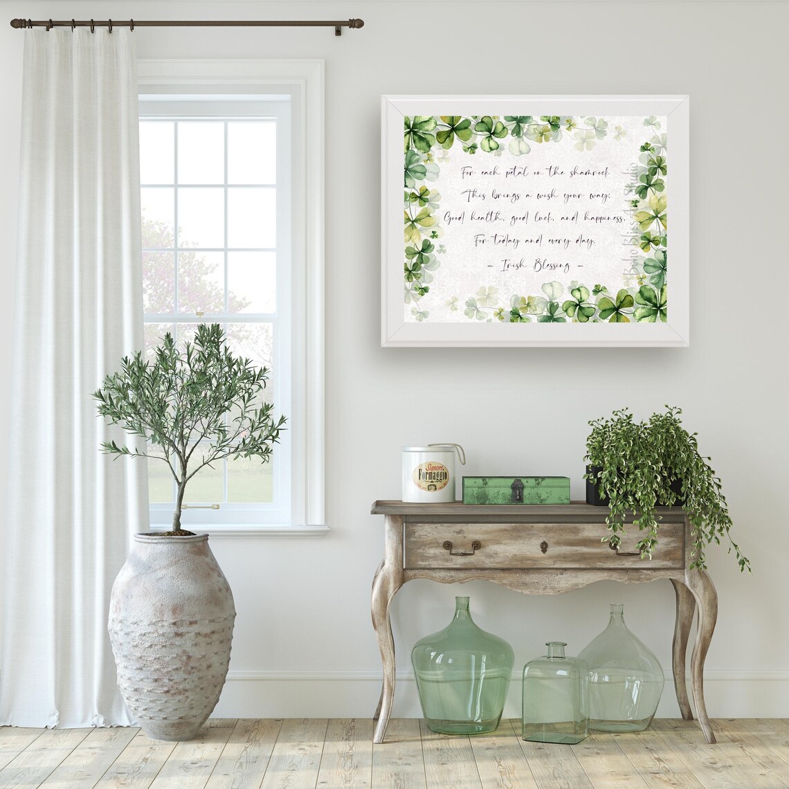 Irish Blessing Shamrock Wishes Watercolor Floral Border Art Print - Image 2