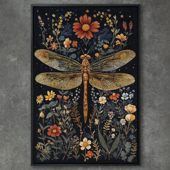 Dragonfly Botanical Framed Print Vibrant Floral Art Large Wall Art Nature Artwork Home Wall Decor Ready To Hang Gift For Her
