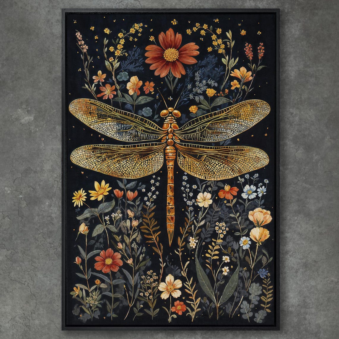Golden Mosaic Winged Dragonfly Among Wildflowers on Black Poster