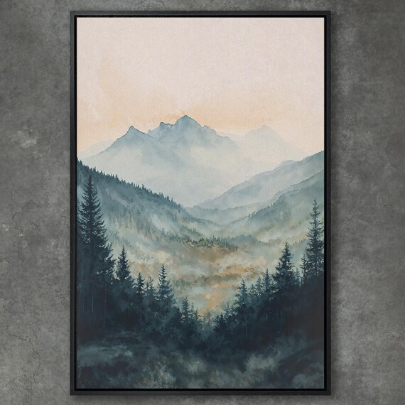 Serene Watercolor Mountain And Forest Framed Print Peaceful Landscape Art Perfect Mountain Decor For Home Ready To Hang Artwork