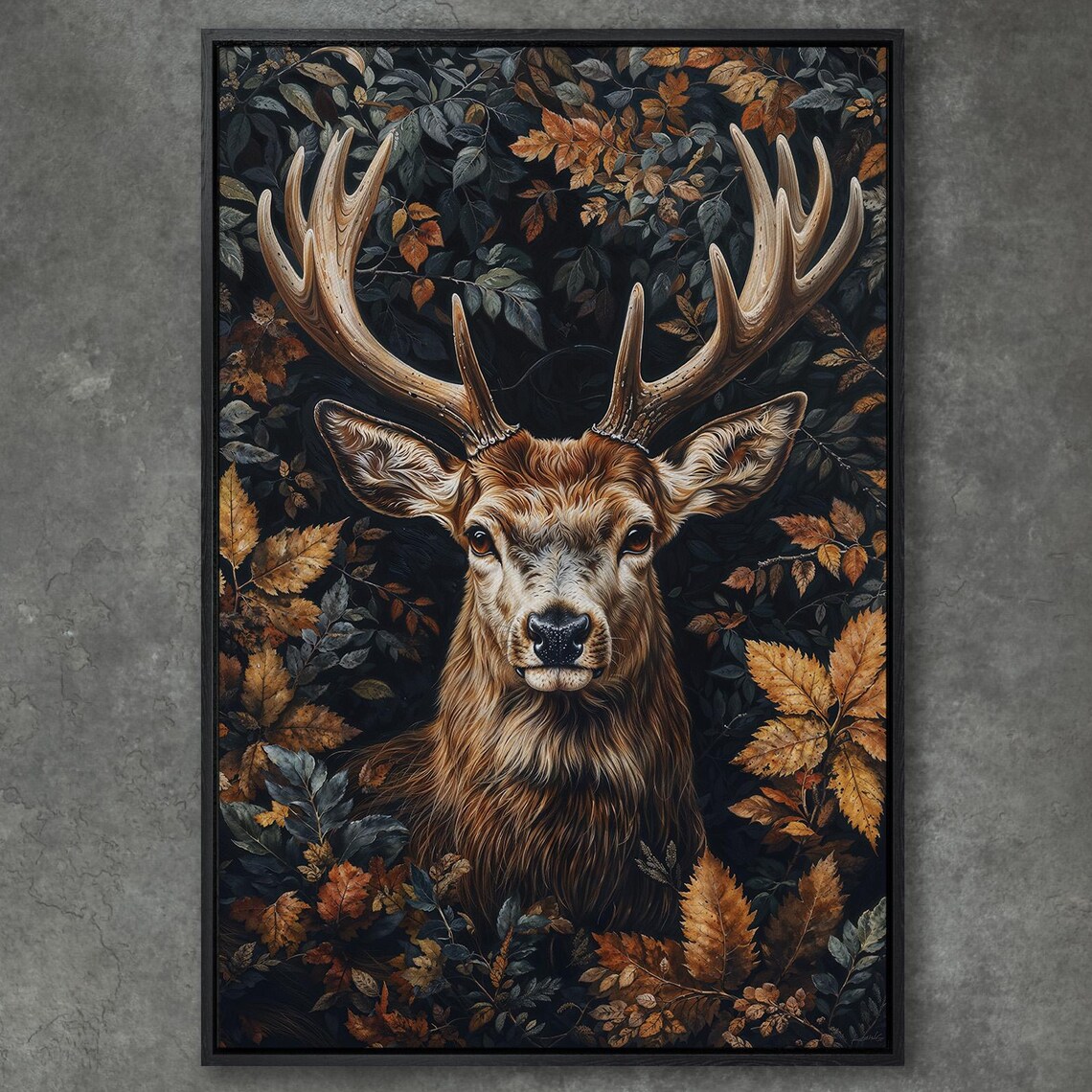 Majestic Stag Portrait Among Autumn Leaves Dark Wildlife Poster
