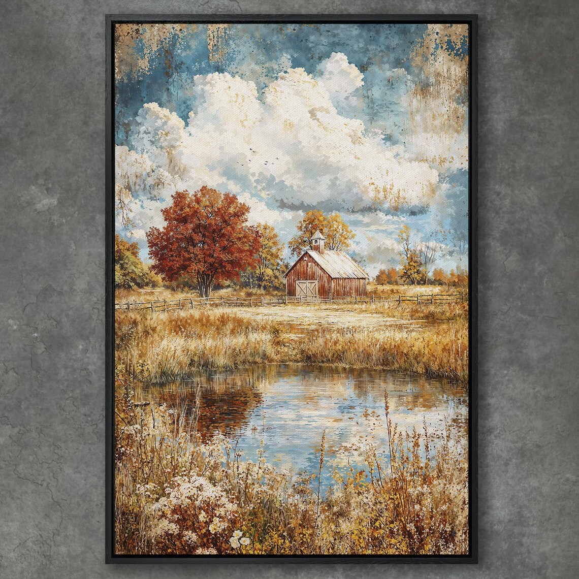 Rustic Red Barn by a Still Pond With Colorful Autumn Trees Poster