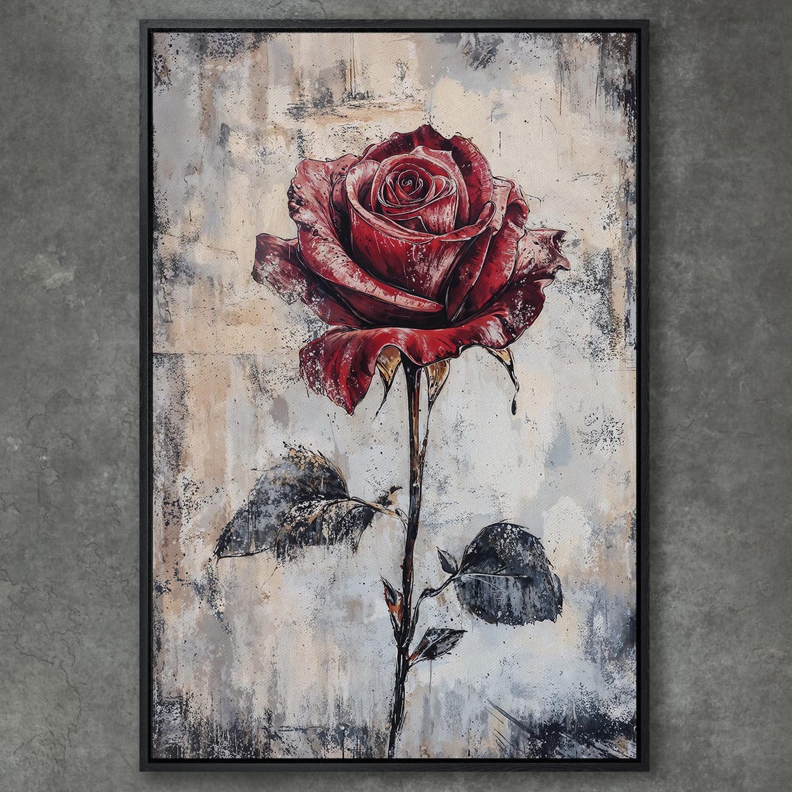Single Red Rose on Grunge Gray Background Romantic Floral Poster