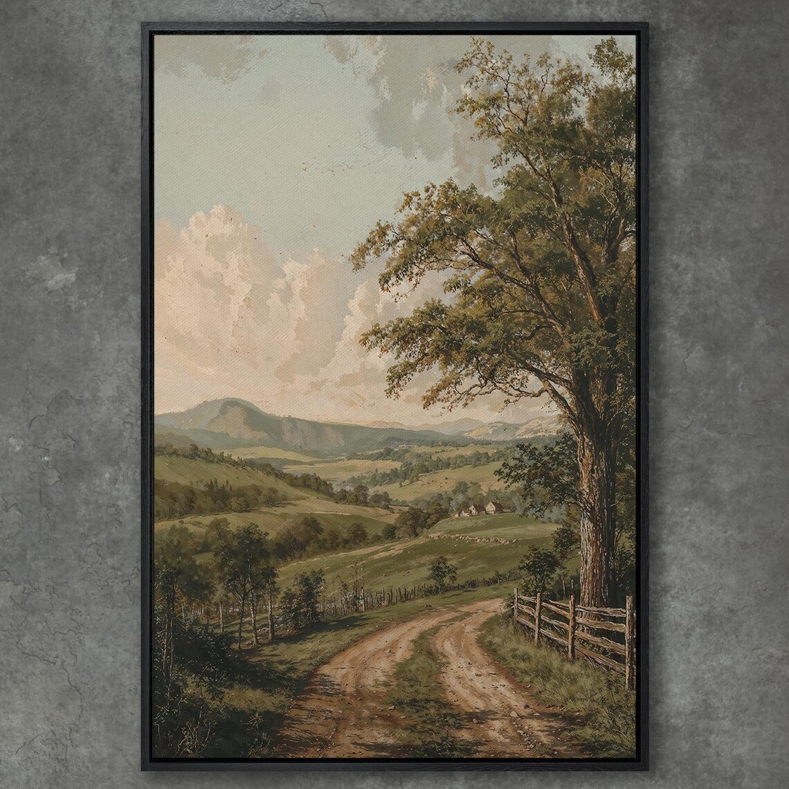 Rolling Green Valley With Dirt Road and Fence Vintage Poster