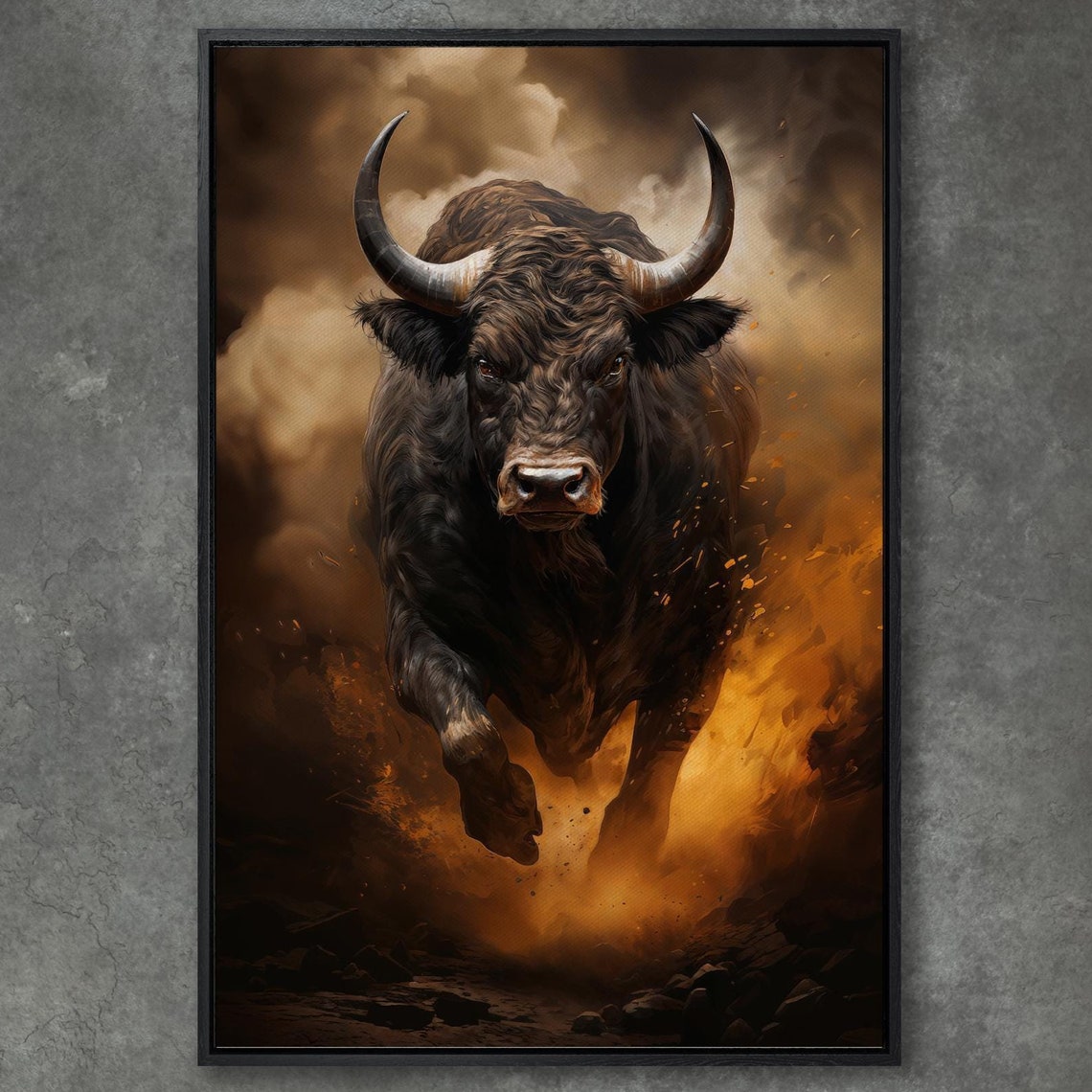 Charging Black Bull Dramatic Smoke Powerful Bovine Painting Poster