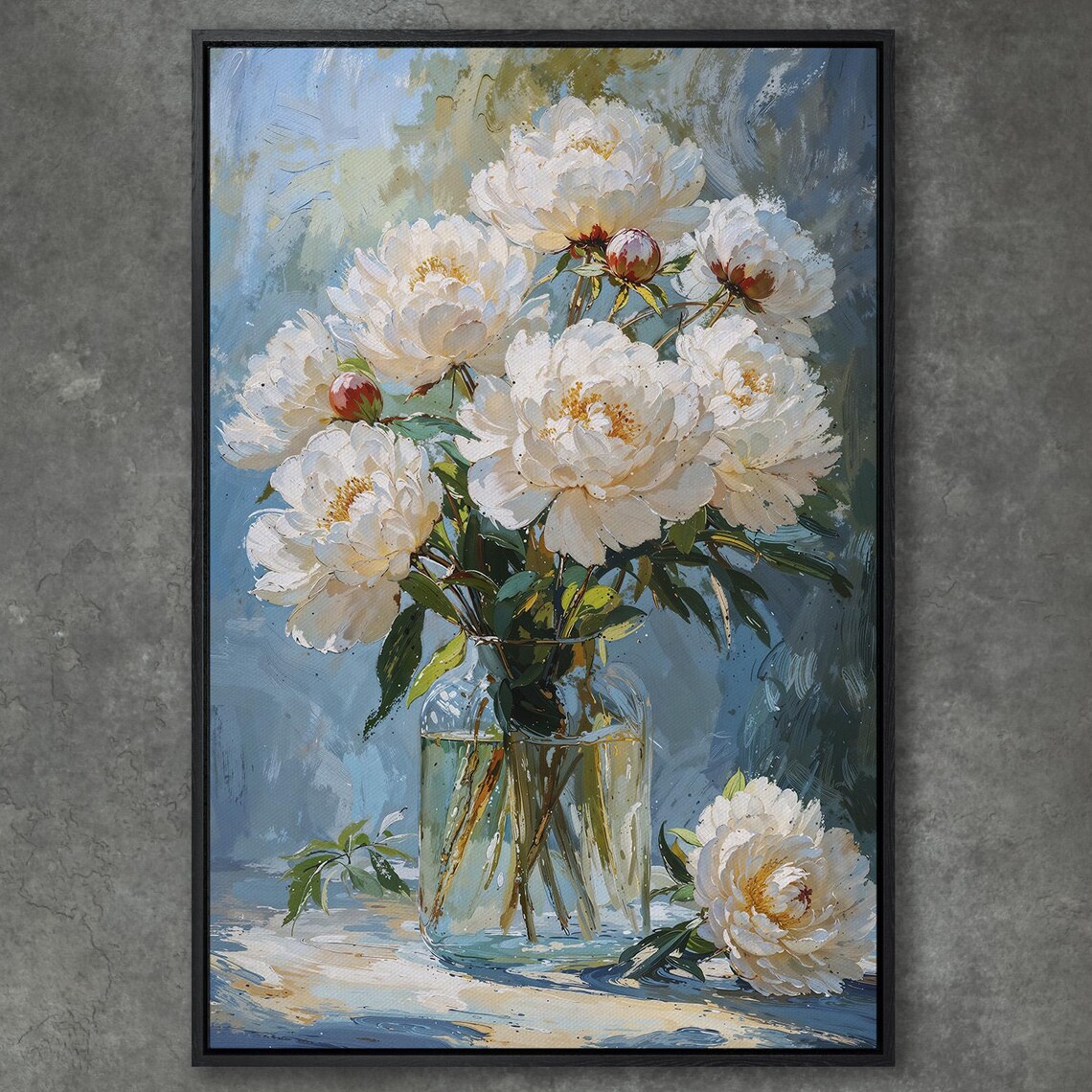 White Peonies in Glass Vase Oil Painting Style Floral Poster