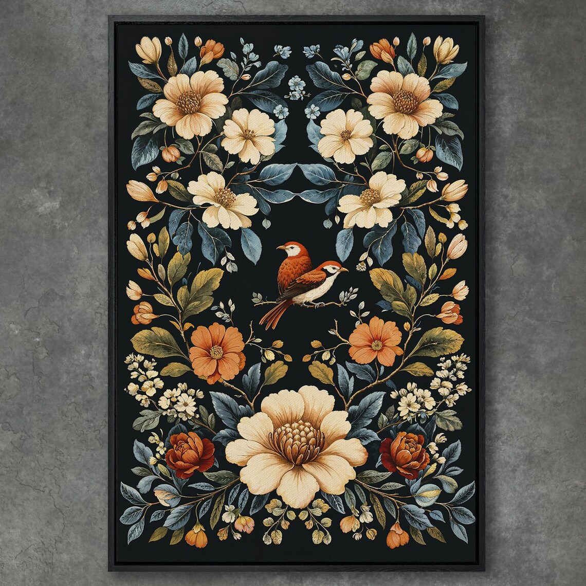 Symmetrical Floral Wreath with Bird on Black Vintage Botanical Poster