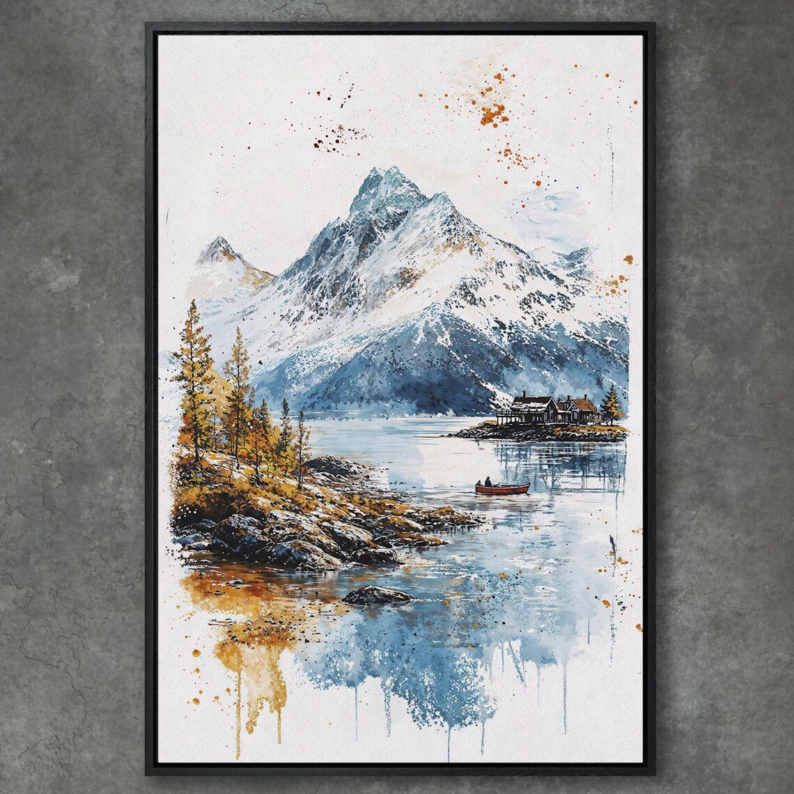 Snowy Mountain Lake with Red Canoe and Cabins Autumn Watercolor Poster
