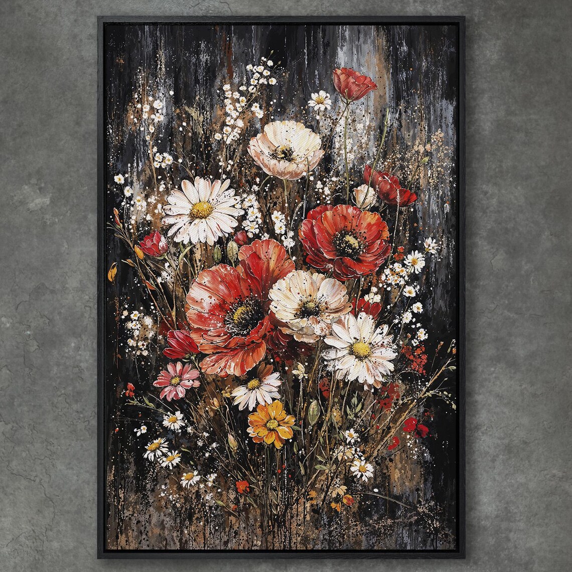 Red Poppies and White Daisies Wildflower Bouquet on Black Poster