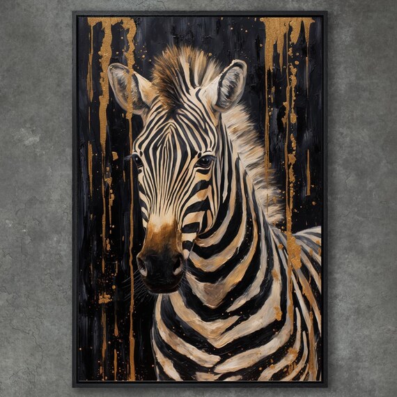 Zebra Portrait Gold Paint Drips On Black Safari Animal Wall Art
