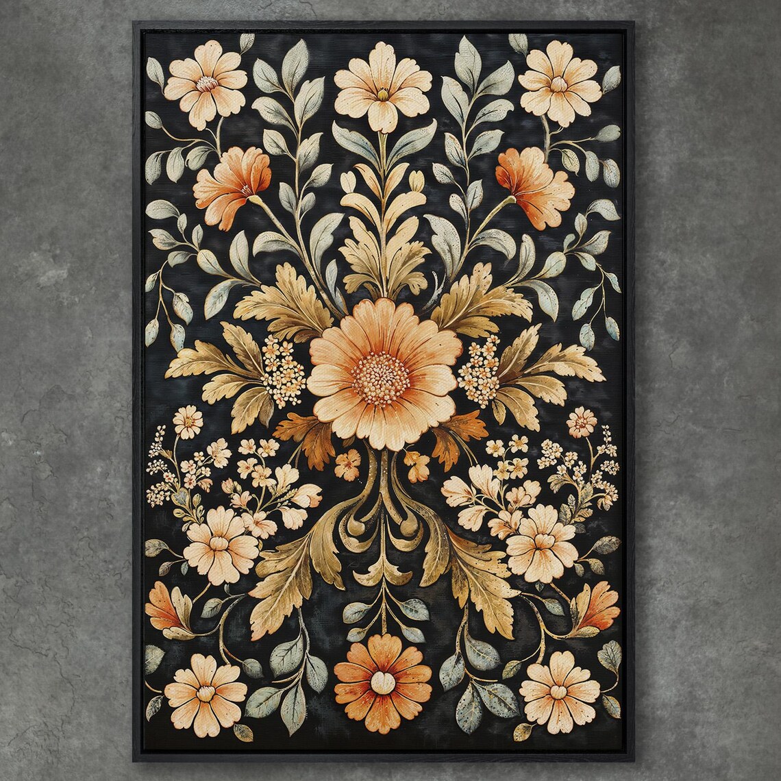 Vintage Peach Botanical Floral Folk Art Print on Dark Background