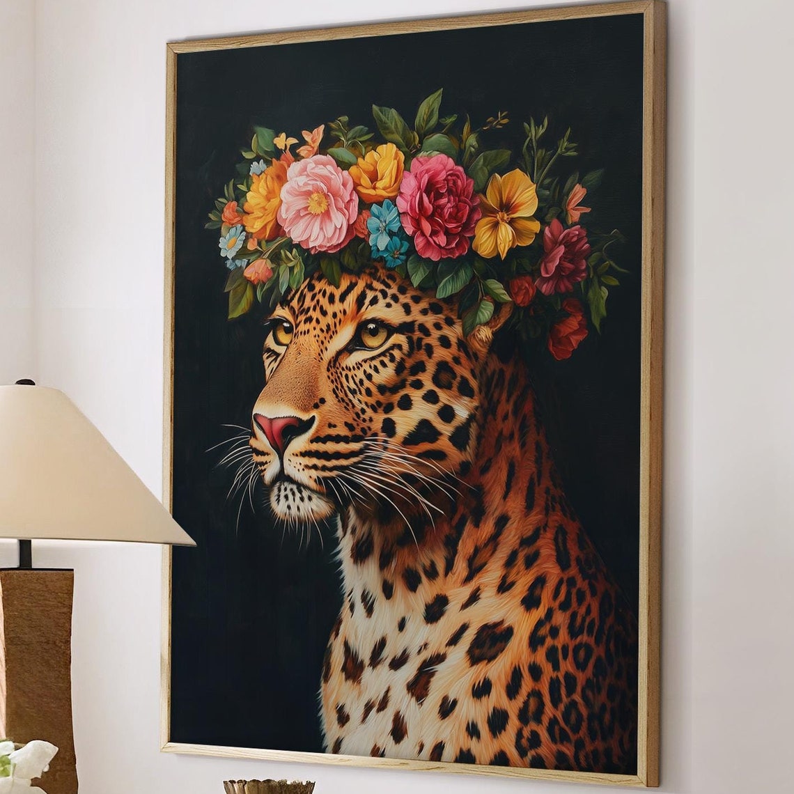 Leopard Portrait With Colorful Flower Crown on Dark Art Poster