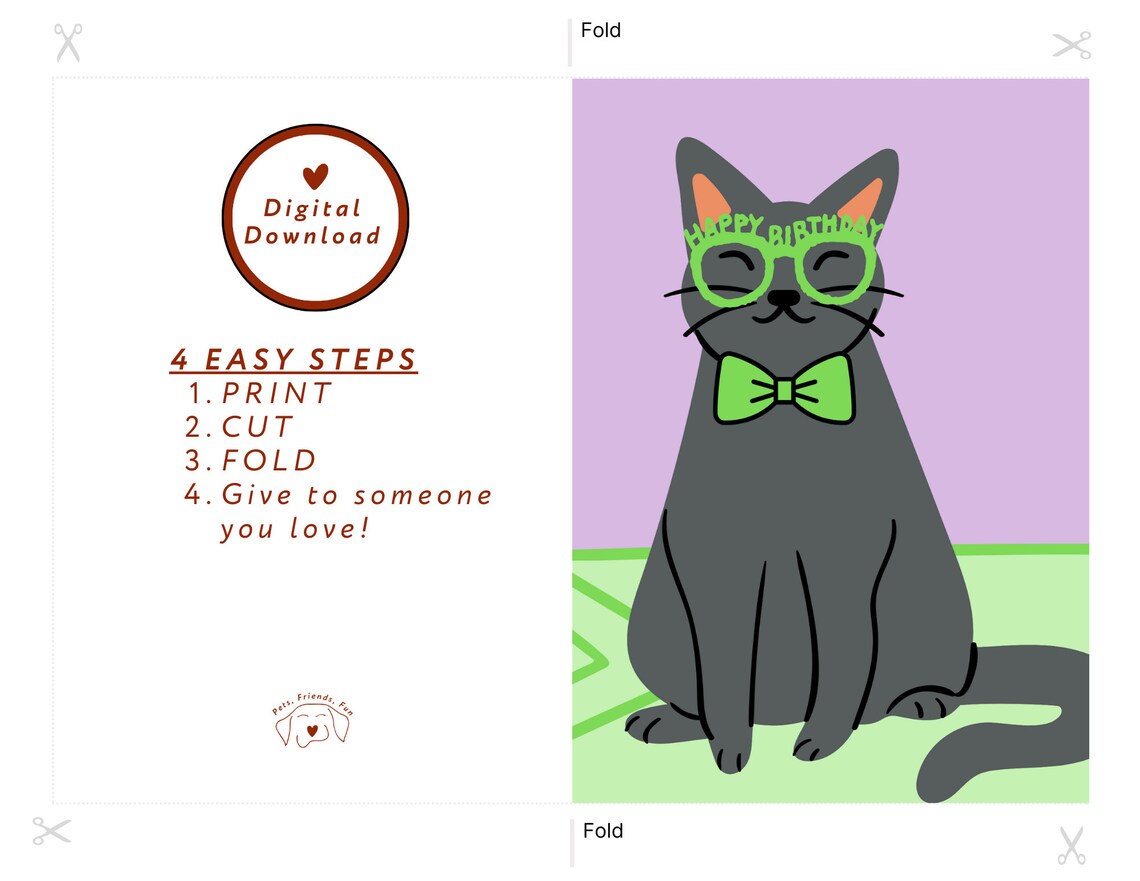 Funny Cat Birthday Card Gray Cat Wearing Green Party Glasses Poster - Image 2