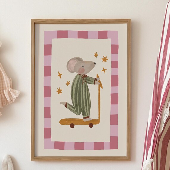 Mouse Scooter Retro Nursery Art Print, Minimalist