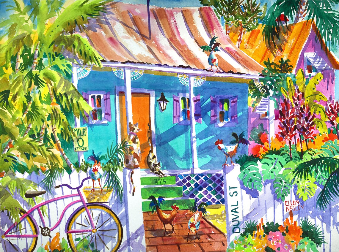 Key West Rooster Art Print, Whimsical Florida Decor