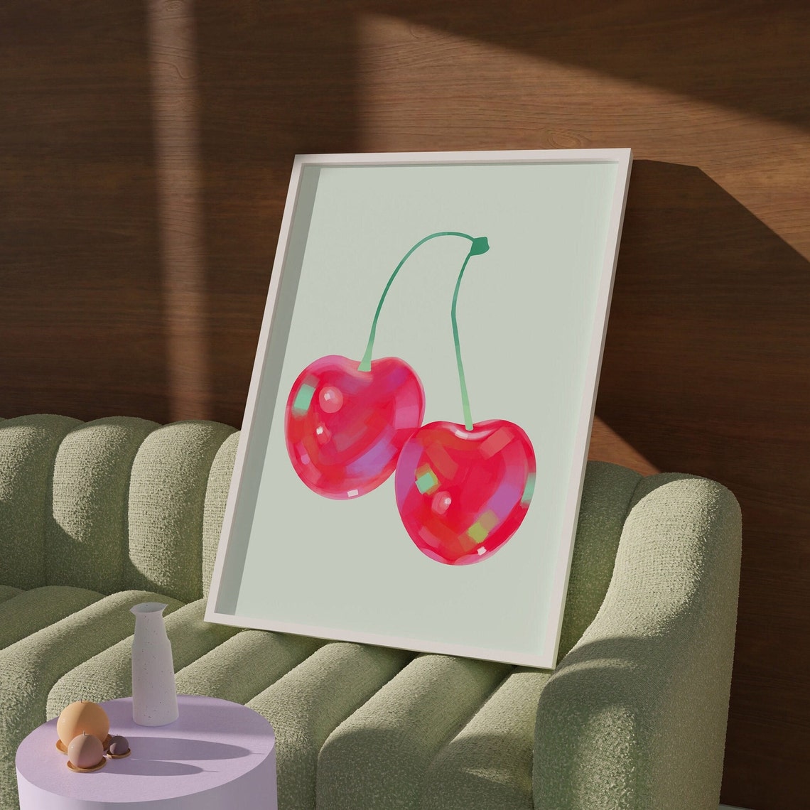 Glossy Red Cherries Fruit Illustration Cherry Pair Trendy Wall Art - Image 2