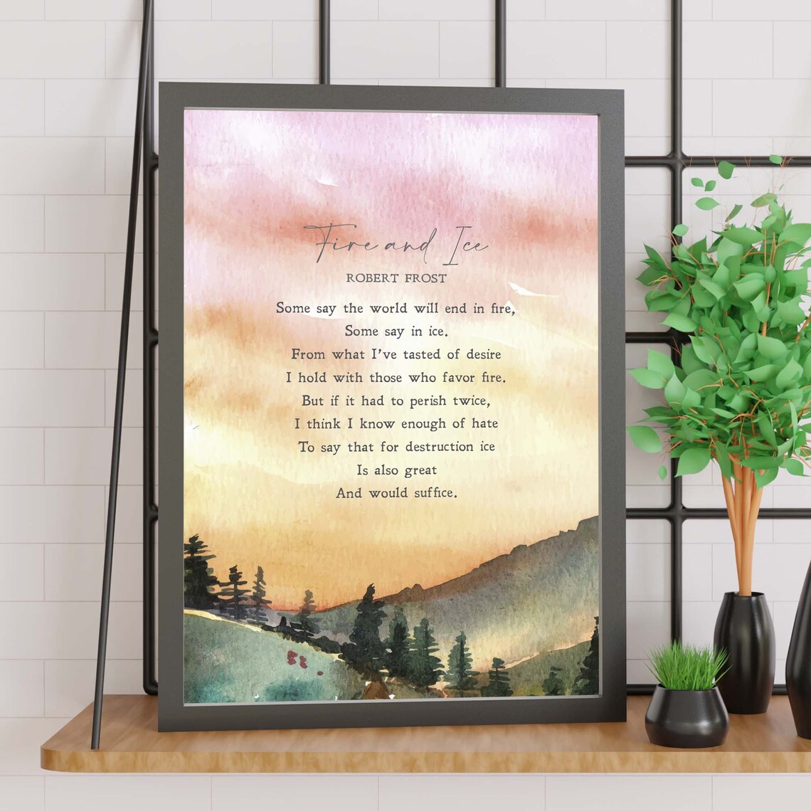Fire And Ice Robert Frost Poem Watercolor Sunrise Mountain Wall Art