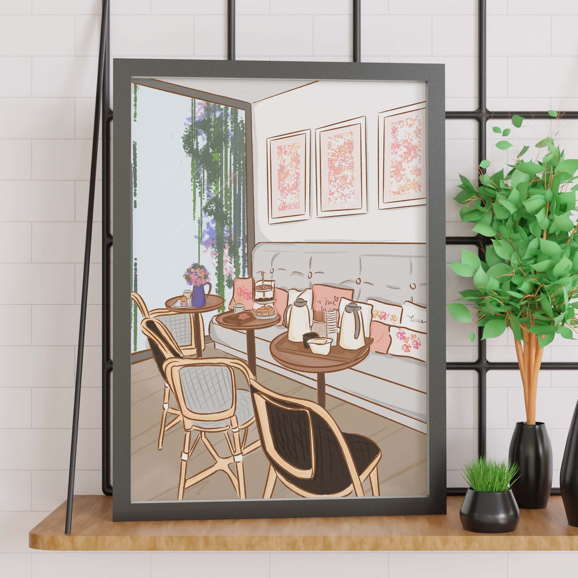 Cozy Cafe Interior Illustration Bistro Coffee Kitchen Decor Print