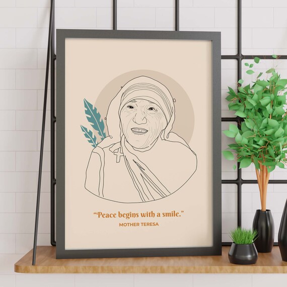 Mother Teresa Peace Begins With A Smile Line Art Portrait Print