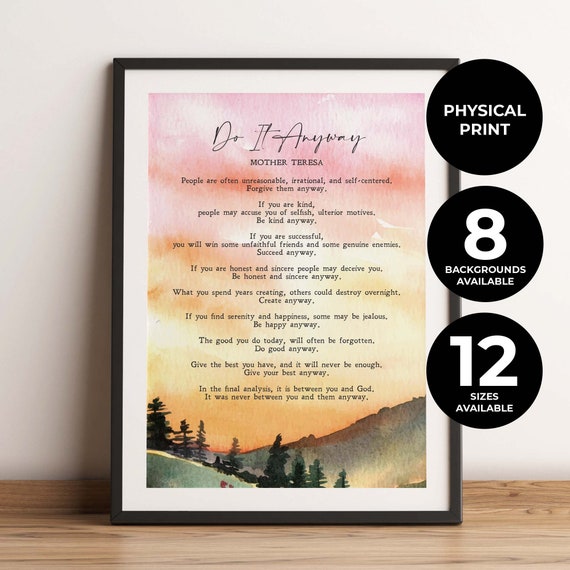 Do It Anyway Mother Teresa Quote Inspiration Motivation Print Wall Art Minimalist Quote Physical Print No Frame