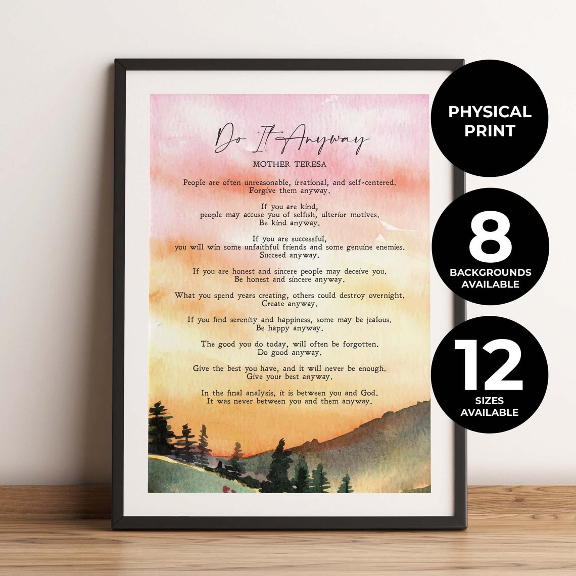 Mother Teresa Do It Anyway Quote Watercolor Mountain Sunset Print
