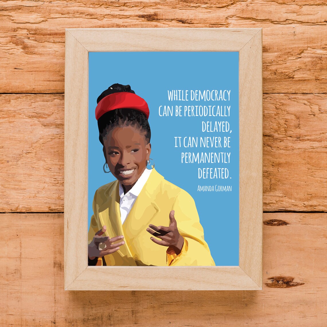 Amanda Gorman Democracy Can Never Be Defeated Quote Portrait Blue Poster - Image 2
