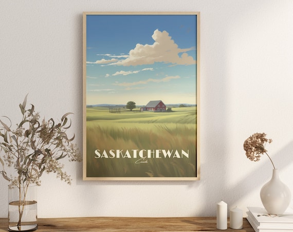 Saskatchewan Canada Prairie Farm Meadow Vintage Travel Scenic Art Poster
