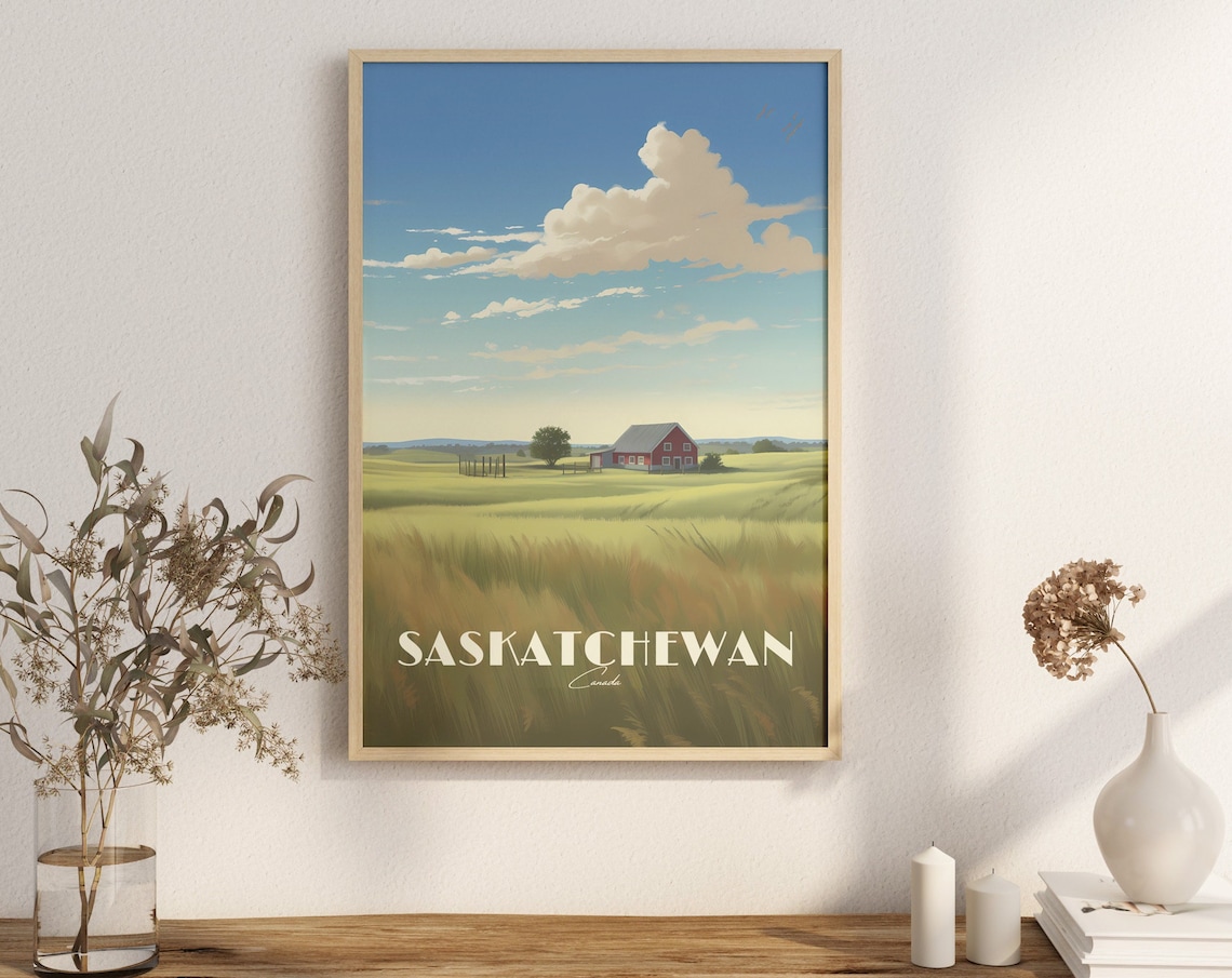 Saskatchewan Canada Prairie Farm Meadow Vintage Travel Scenic Art Poster
