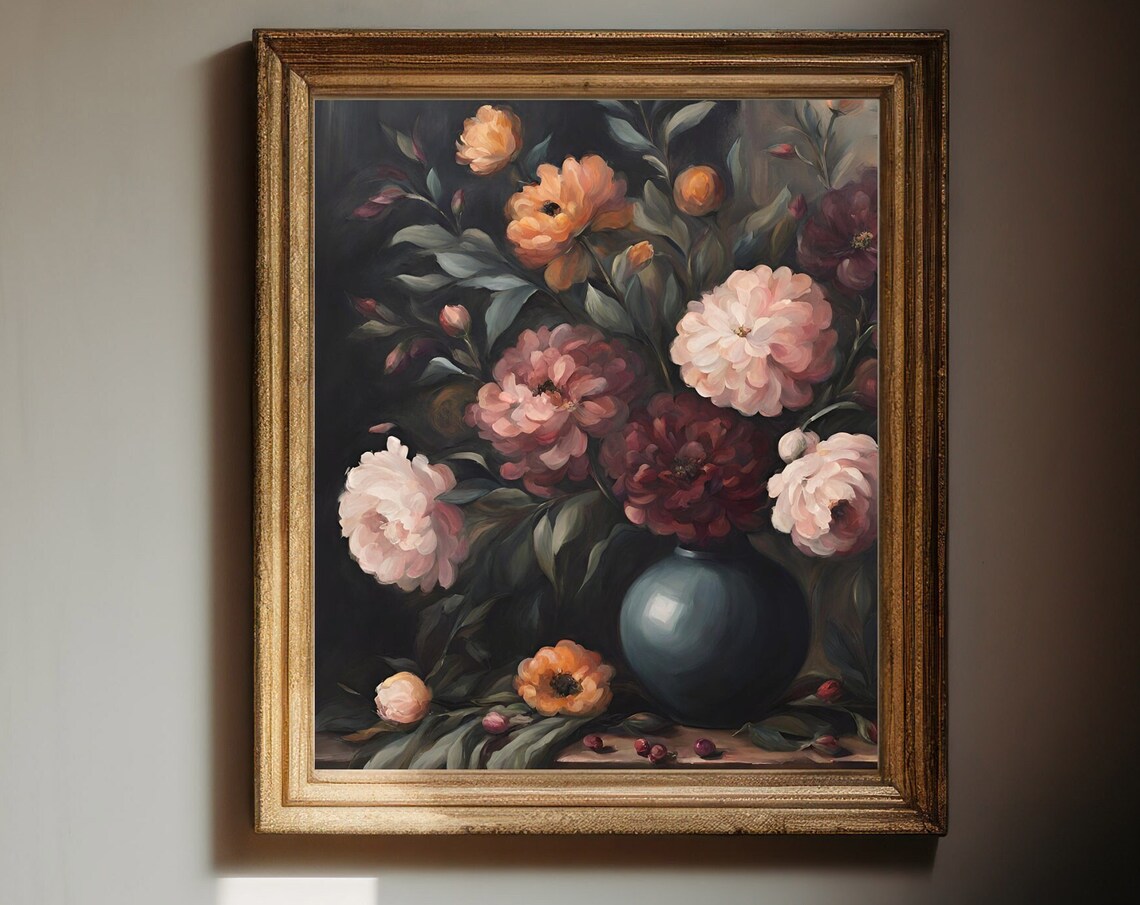 Moody Blush Peony Bouquet Dark Vase Vintage Floral Still Life Poster