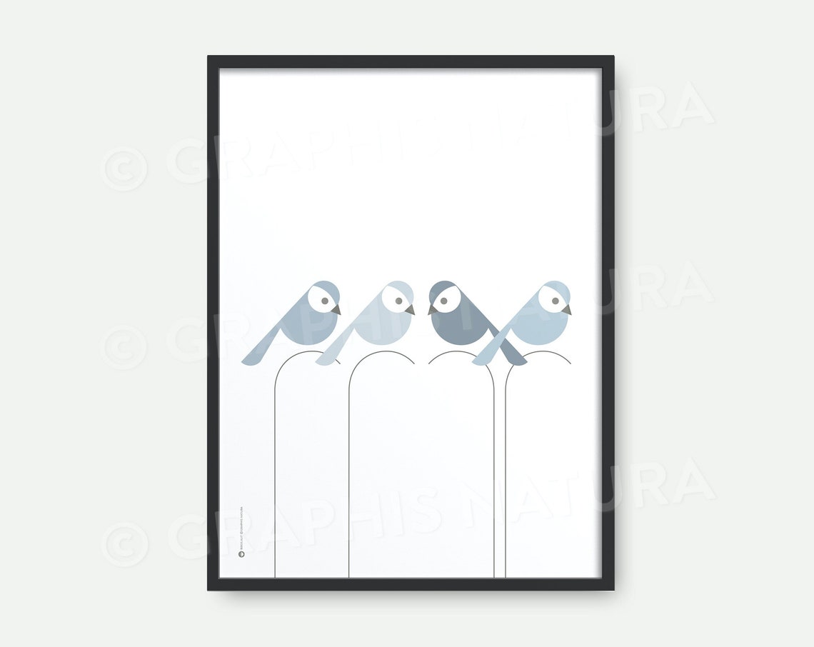 Blue Bird Quintet Poster Minimalist Perched Birds Modern Artwork