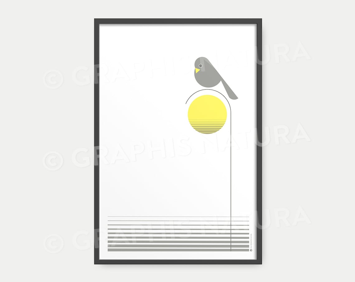 Gray Bird With Yellow Sun on White Minimalist Nature Art Poster