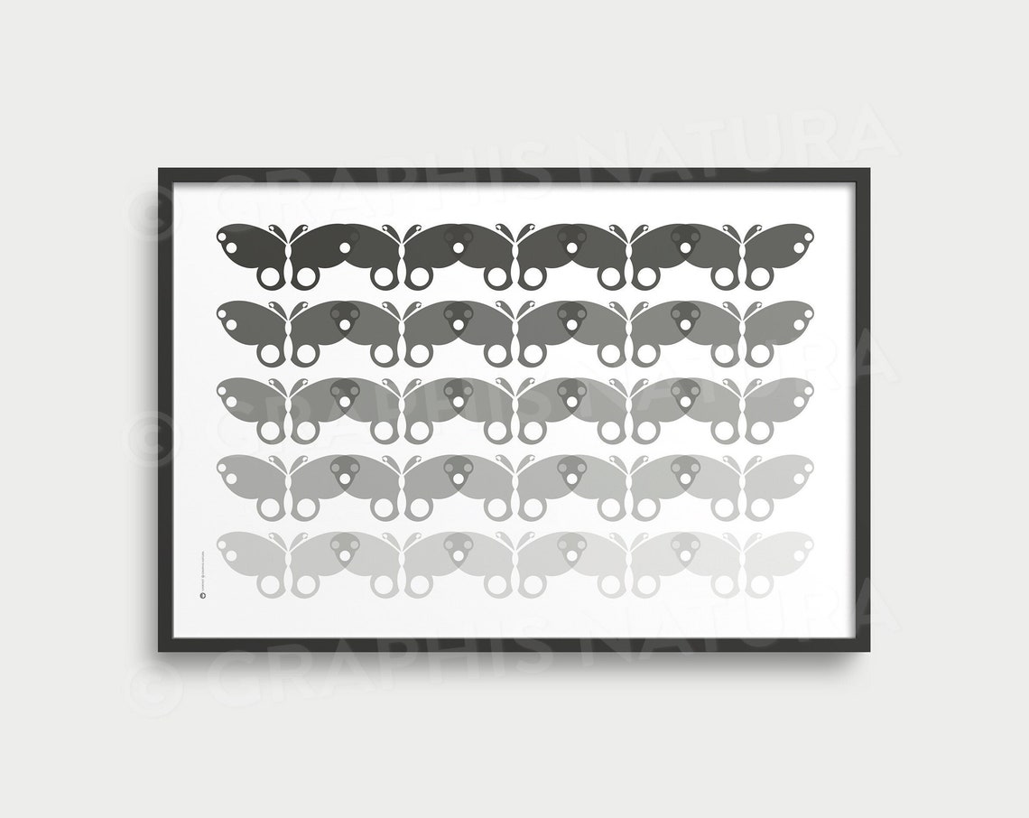 Horizontal Gray Butterfly Rows Poster Fading Monochrome Insect