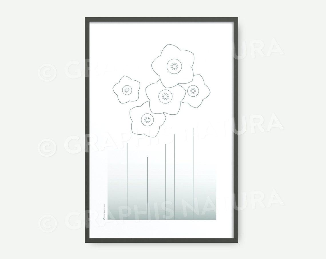 Blue Gray Line Wildflowers Poster Minimalist Botanical Sketch