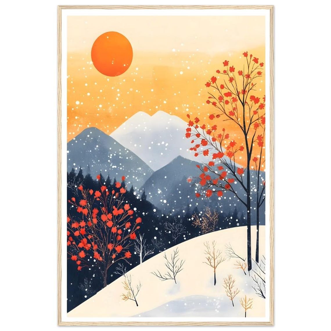 Warm Winter Sun Snowy Mountain Sunset Trees Japandi Style Art Print - Image 2