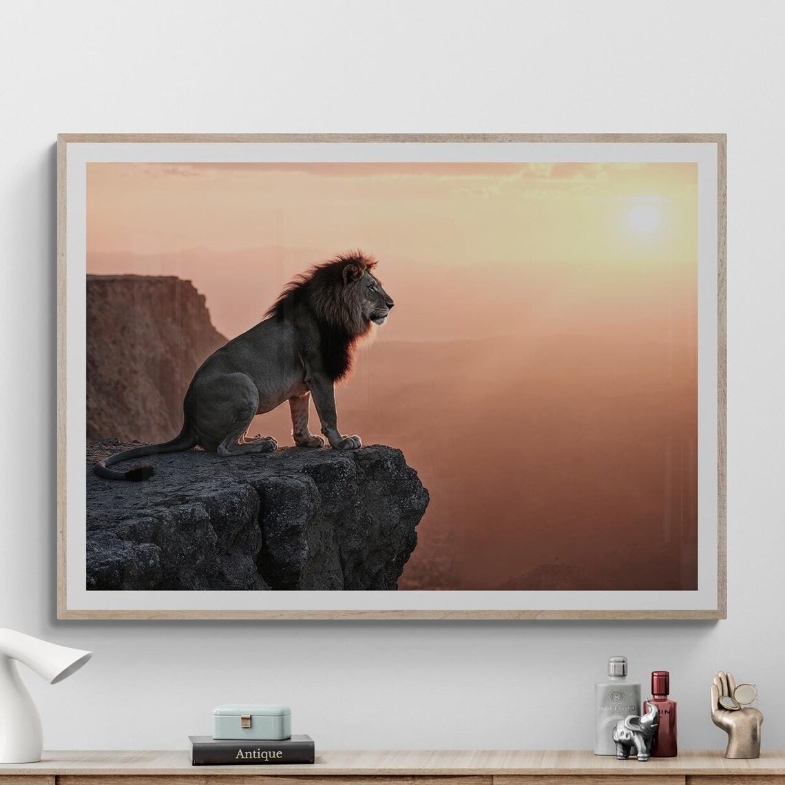 Fine Art Lion Photography Print At Sunset Cliffside King Framed Animal Wall Decor