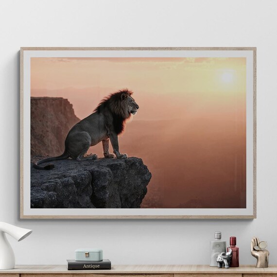 Fine Art Lion Photography Print At Sunset Cliffside King Framed Animal Wall Decor