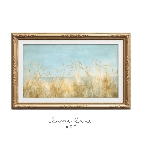 Golden Grass Stalks Pale Blue Sky Minimalist Field Art Poster