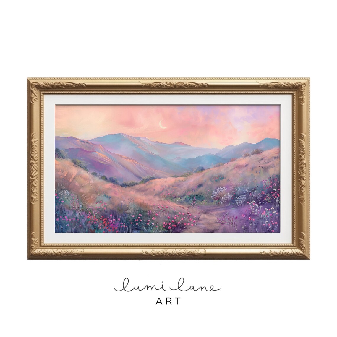 Wildflower Meadow Moonlit Hills Pastel Floral Night Sky Wall Art